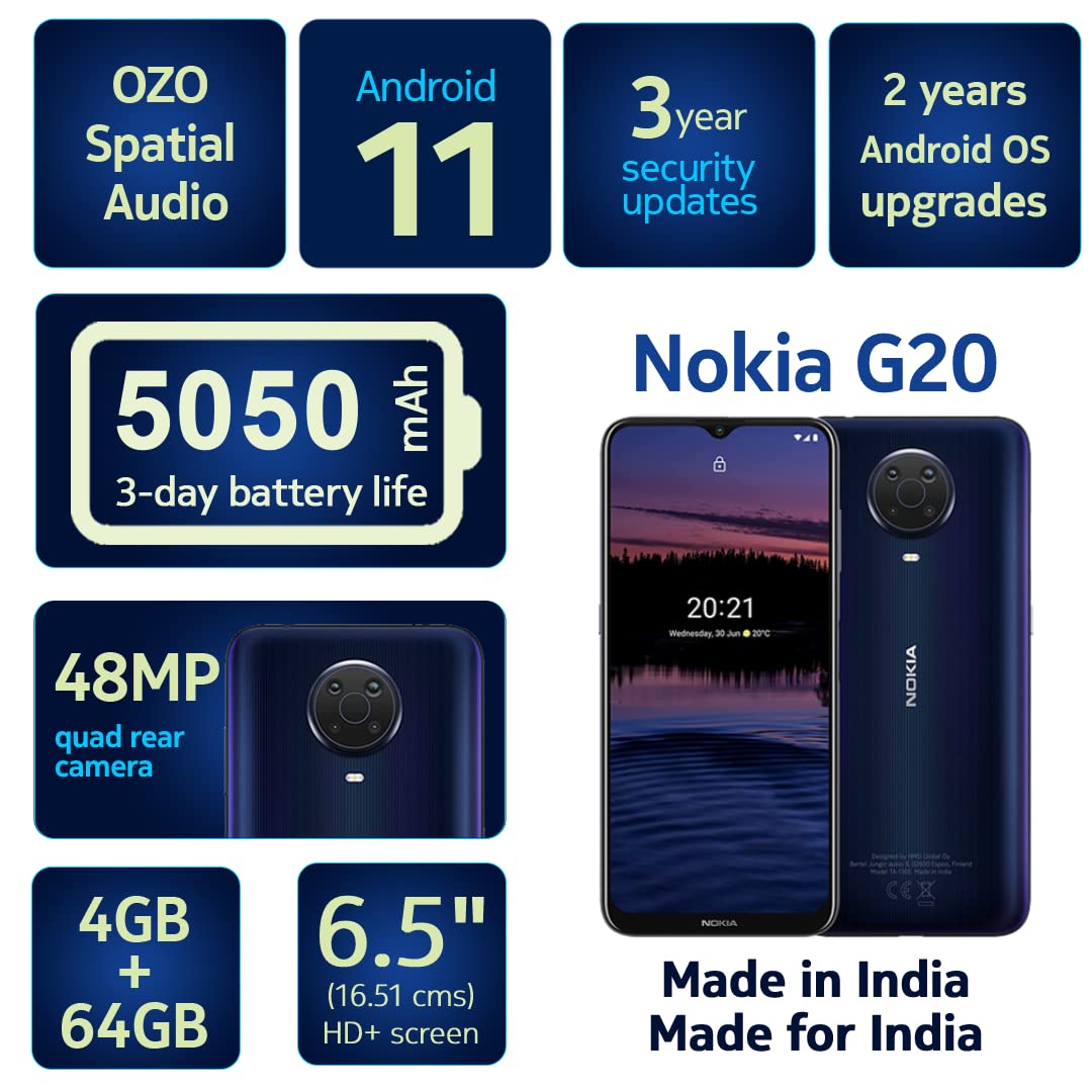 Nokia G20 Smartphone, Dual SIM 4G, 4GB RAM/64GB Storage - 93Mobiles