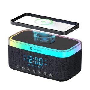Portronics Trifusion 16W HD Sound Bluetooth Speaker with 15W Wireless Charging, 360°RGB LED Lights,(Black)  Digital Clock